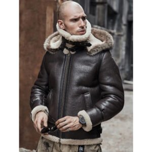 Mens Brown Hooded B3 RAF Aviator Sheepskin Shearling Leather Jacket